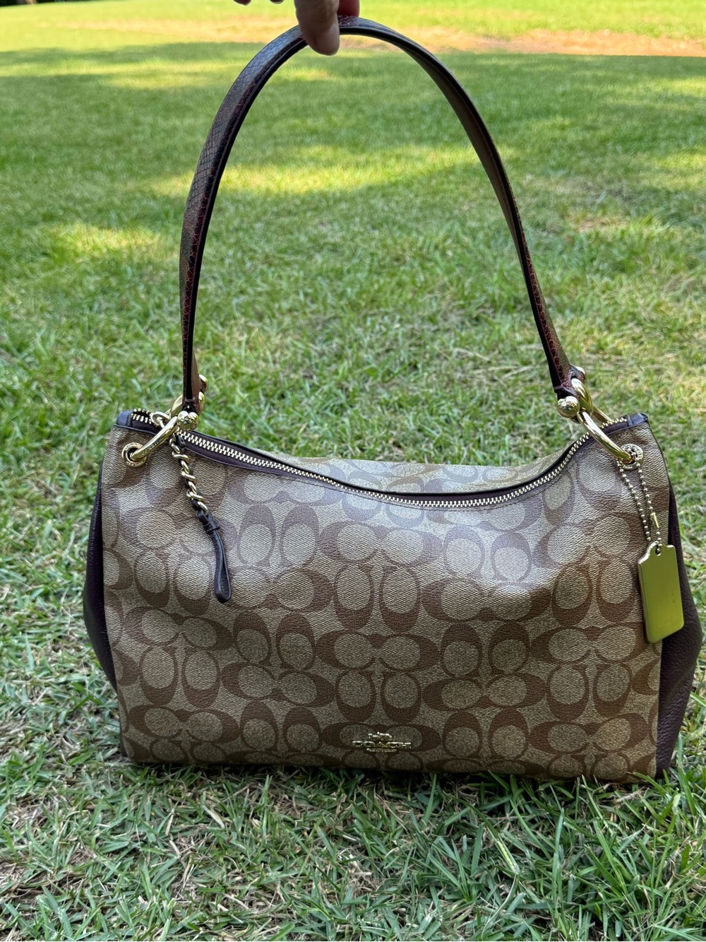 Coach Brown Signature Canvas Shoulder Bag with Gold Hardware